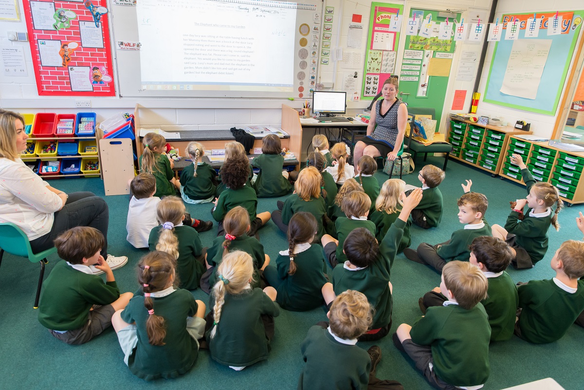 Pupils in a classroom listening to their teacher
