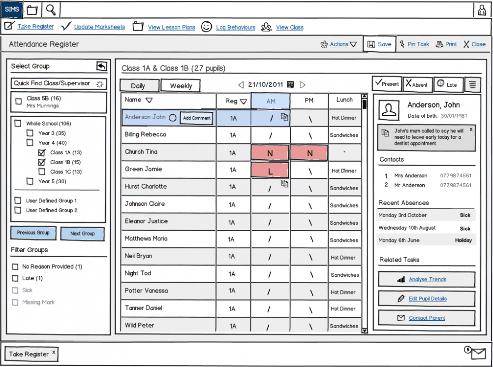 A wireframe of the SIMS Primary attendance register