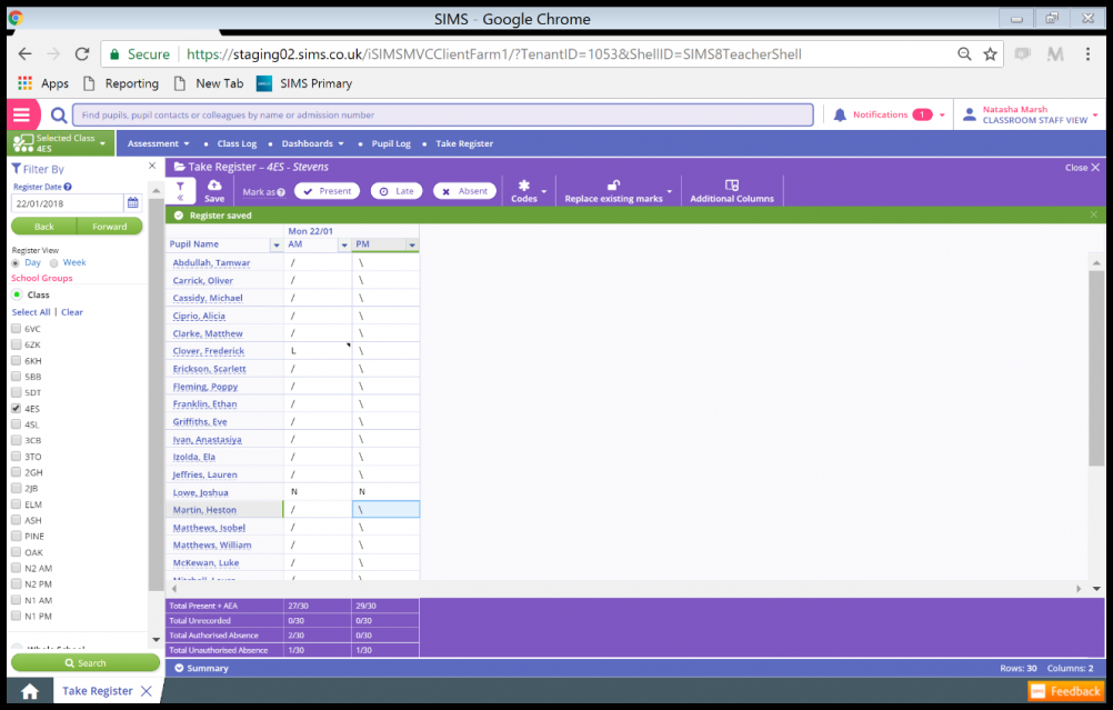 The SIMS Primary register screen