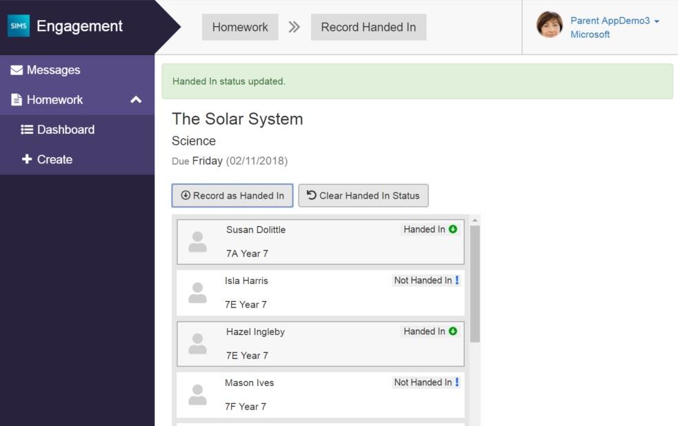 A screenshot from the new SIMS Homework feature set