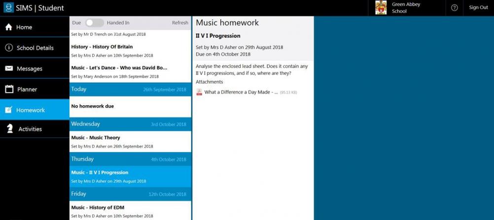 A screenshot from the new SIMS Homework feature set